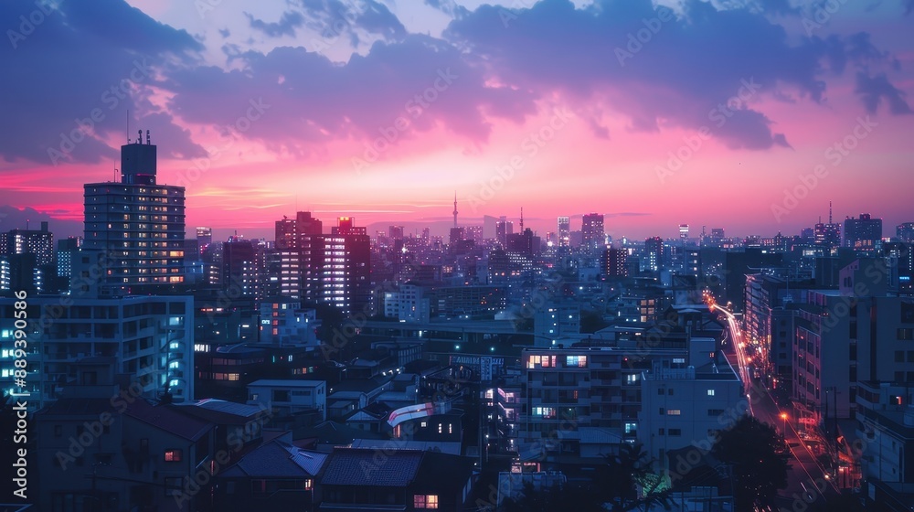 Fototapeta premium A city skyline at dusk with a pink and purple sky. The city is lit up with lights and the buildings are tall