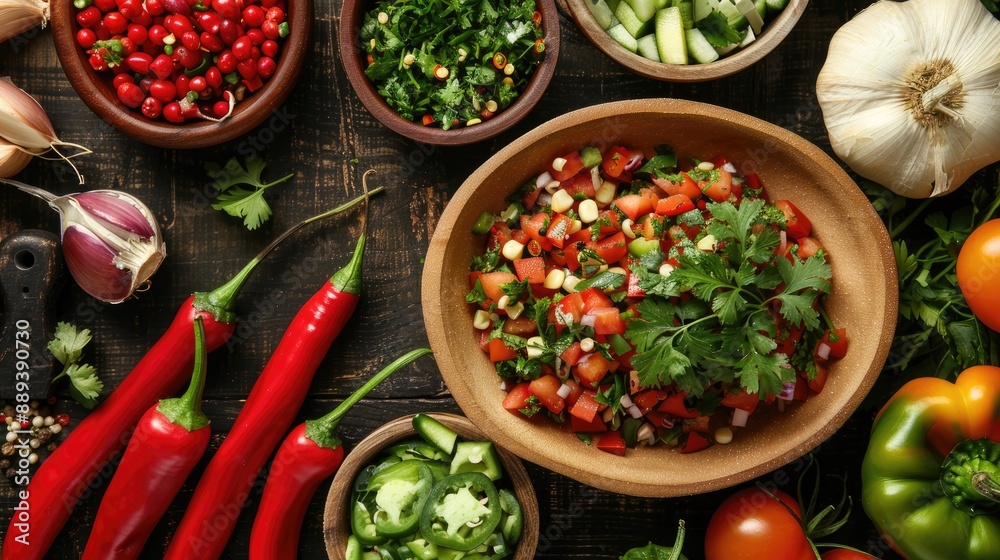 Collection of ancient recipes and fresh spicy peppers Vibrant Mexican dishes Collection of ancient recipes and fresh spicy peppers Vibrant Mexican dishes