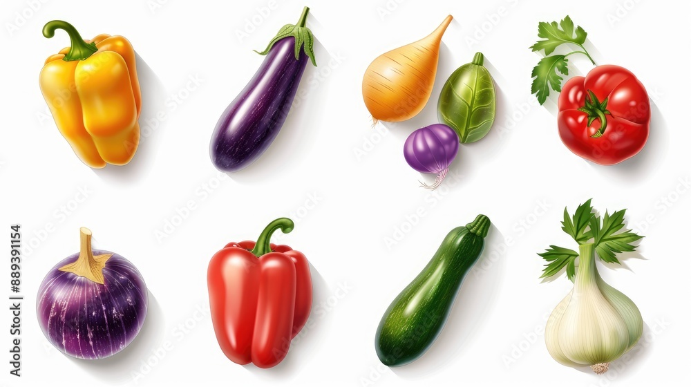 Set of 9 sleek, modern vegetable icons arranged symmetrically on white background Set of 9 sleek, modern vegetable icons arranged symmetrically on white background