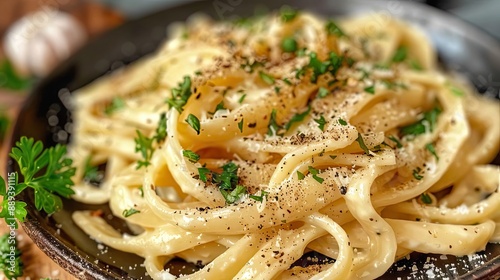 Delicious creamy pasta sprinkled with fresh herbs and black pepper, served in a rustic setting, showcasing an appetizing and comforting meal.