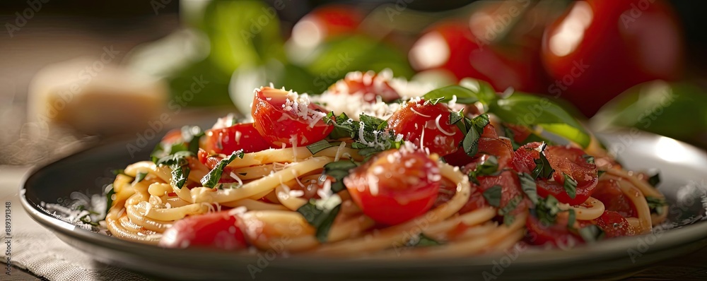 A delicious plate of spaghetti with fresh tomatoes, basil, and parmesan cheese, perfect for an Italian dining experience. A delicious plate of spaghetti with fresh tomatoes, basil, and parmesan cheese, perfect for an Italian dining experience.