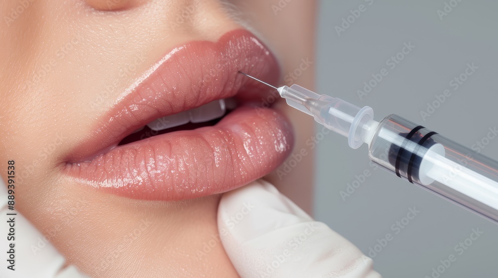 Close-up of a cosmetic injector enhancing lip volume, high-resolution photo, realistic photo, cinematography, hyper realistic Close-up of a cosmetic injector enhancing lip volume, high-resolution photo, realistic photo, cinematography, hyper realistic