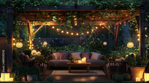 Garden patio with vine covered pergola and hanging lights over sofa and table. generative ai