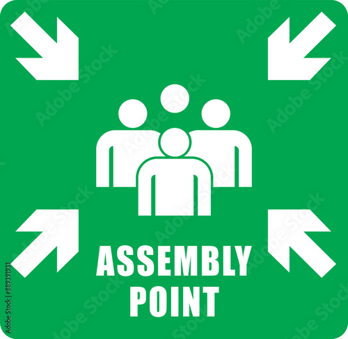 Emergency evacuation assembly point sign, green color. safety warning plate vector. warning illustration