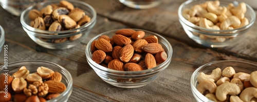 A collection of different types of nuts displayed in small glass bowls on a wooden table. The assortment includes almonds, walnuts, and cashews, each piece highlighting its unique shape and texture.