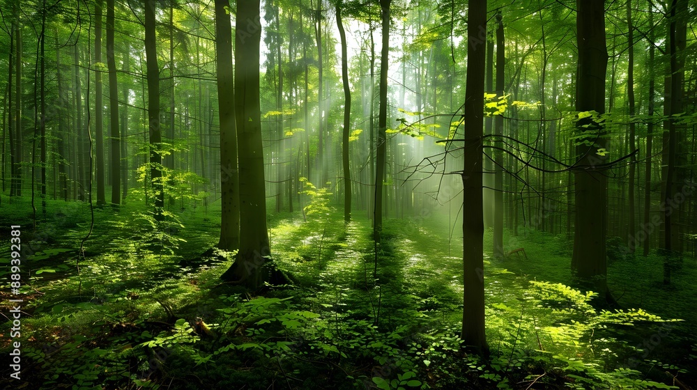 Obraz premium Enchanting Verdant Forest Bathed in Warm Sunlight Rays