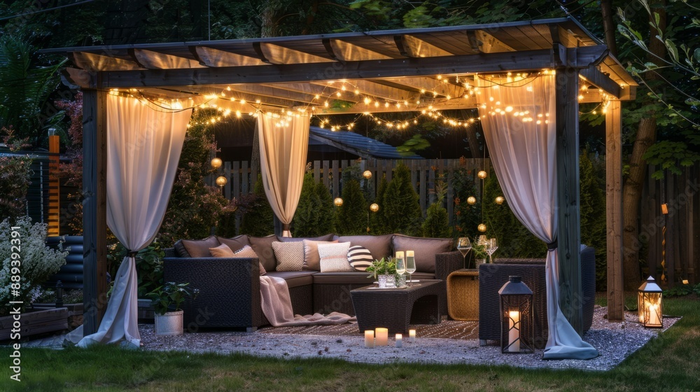 Fototapeta premium Garden patio with vine covered pergola and hanging lights over sofa and table. generative ai