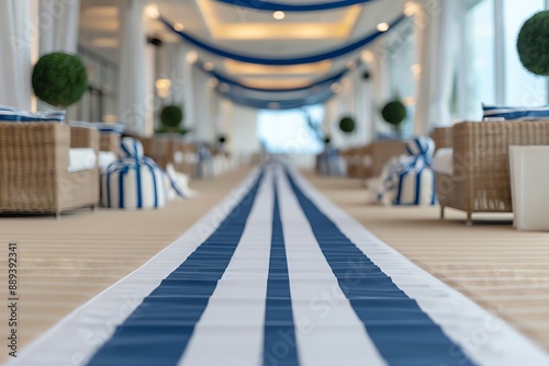 Wallpaper Mural Striped runner on a white floor with wicker chairs and plants on either side. Torontodigital.ca