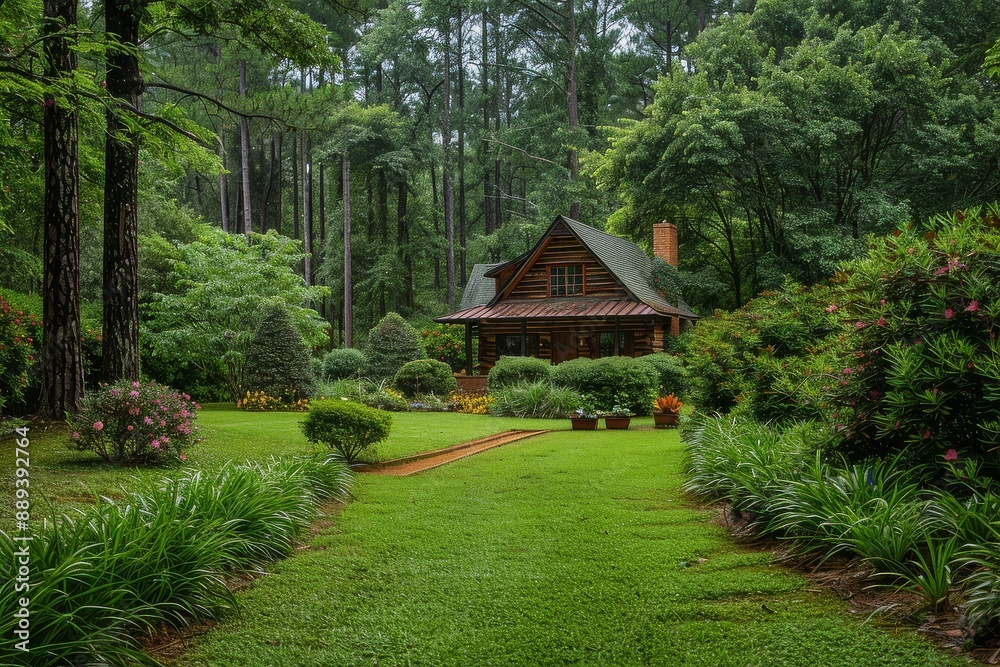 Beautiful large garden in North Carolina woods with lush grass, ornamental trees and shrubs, inviting walkway to a home, ideal for landscaping marketing. Beautiful large garden in North Carolina woods with lush grass, ornamental trees and shrubs, inviting walkway to a home, ideal for landscaping marketing.