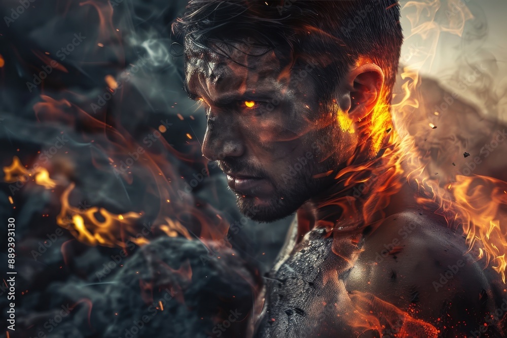 Fiery Determination - Inspirational Image of a Man Focused on Overcoming Challenges with Passionate Resolve and Intensity in Rugged Landscape Fiery Determination - Inspirational Image of a Man Focused on Overcoming Challenges with Passionate Resolve and Intensity in Rugged Landscape