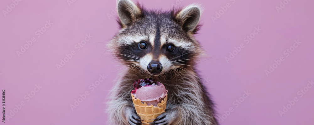 Obraz premium A cute raccoon holding a peanut butter and jelly ice cream cone, sitting against a pastel purple backdrop. The raccoon's fur is fluffy, and the ice cream looks fun.
