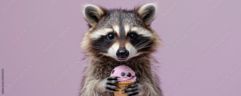 Obraz premium A cute raccoon holding a peanut butter and jelly ice cream cone, sitting against a pastel purple backdrop. The raccoon's fur is fluffy, and the ice cream looks fun.