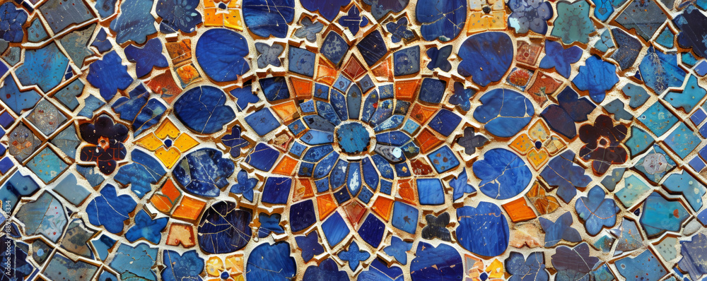 A detailed close-up of a traditional Persian mosaic wall featuring intricate geometric patterns and vibrant colors, including deep blues, rich reds, and golden yellows. The craftsmanship and A detailed close-up of a traditional Persian mosaic wall featuring intricate geometric patterns and vibrant colors, including deep blues, rich reds, and golden yellows. The craftsmanship and