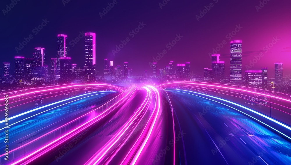 An abstract futuristic background of pink blue neon city lines, bokeh lights, and high speed city lines. This has been generated by AI based on image data transfer concepts. An abstract futuristic background of pink blue neon city lines, bokeh lights, and high speed city lines. This has been generated by AI based on image data transfer concepts.