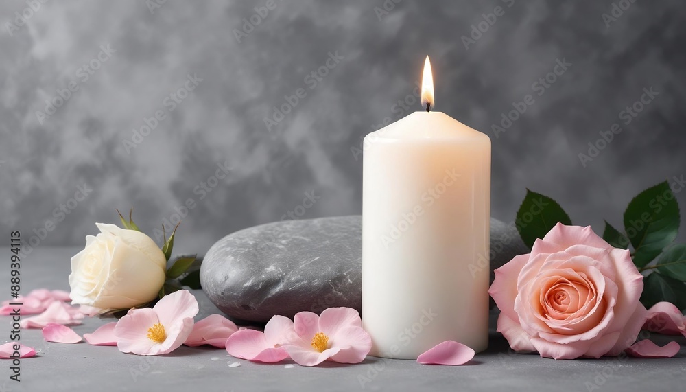 White candle with a rose and flower petals on grey stone panoramic background with copy space, funeral services web banner, illustration created with generative ai. White candle with a rose and flower petals on grey stone panoramic background with copy space, funeral services web banner, illustration created with generative ai.