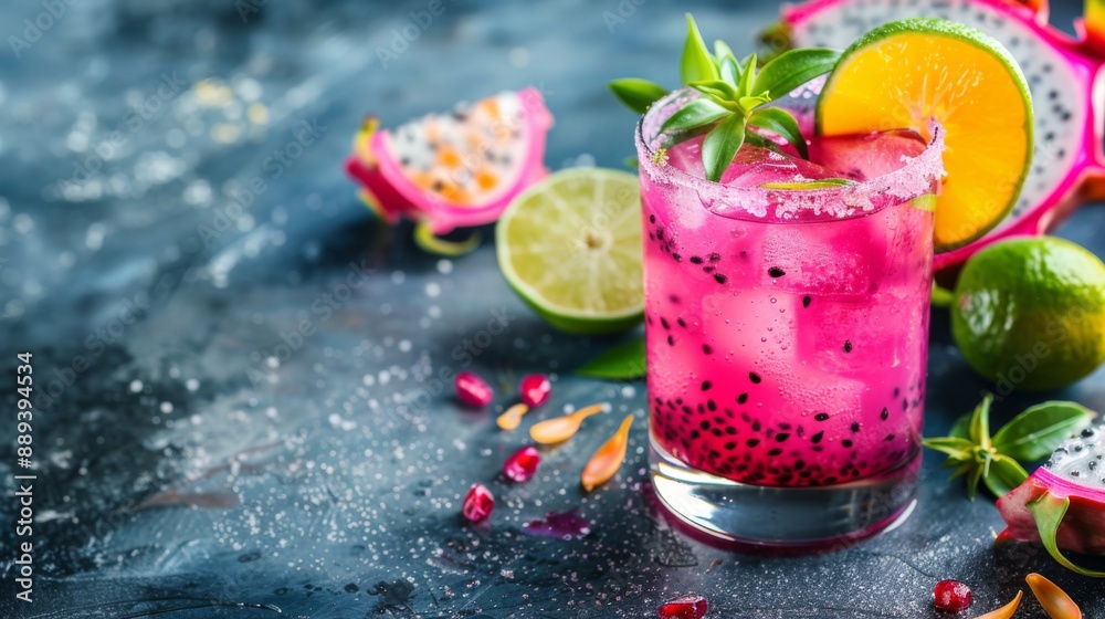 Dragon Fruit Margarita. Refreshing cocktail with tequila, orange liqueur and lime juice, with copy space Dragon Fruit Margarita. Refreshing cocktail with tequila, orange liqueur and lime juice, with copy space