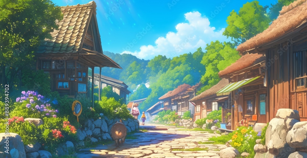 Obraz premium A neighborhood in rural Japan, outdoor streets with houses, green and nature scenery, scenic view, anime artwork