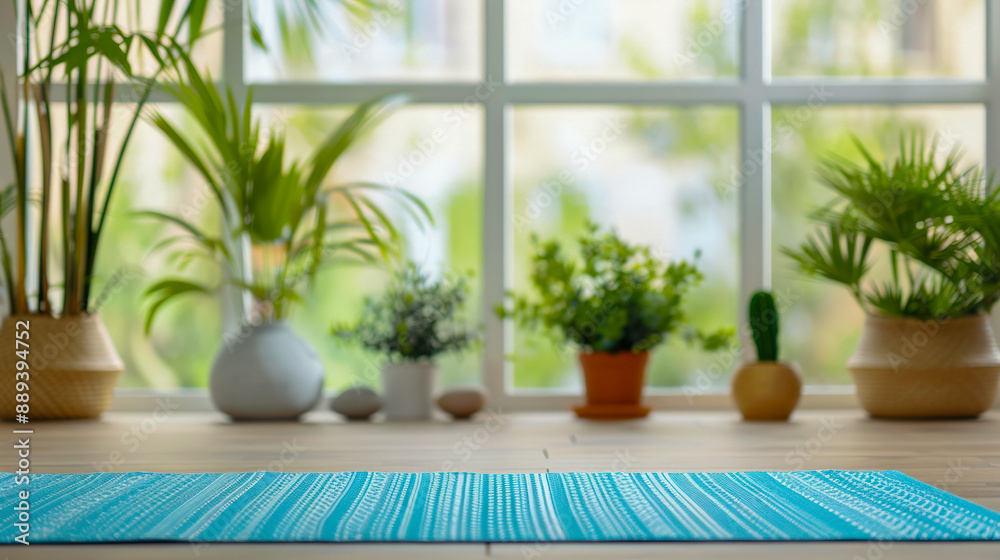 Yoga mat in a bright indoor space with various potted plants, wooden floor, and large window.
