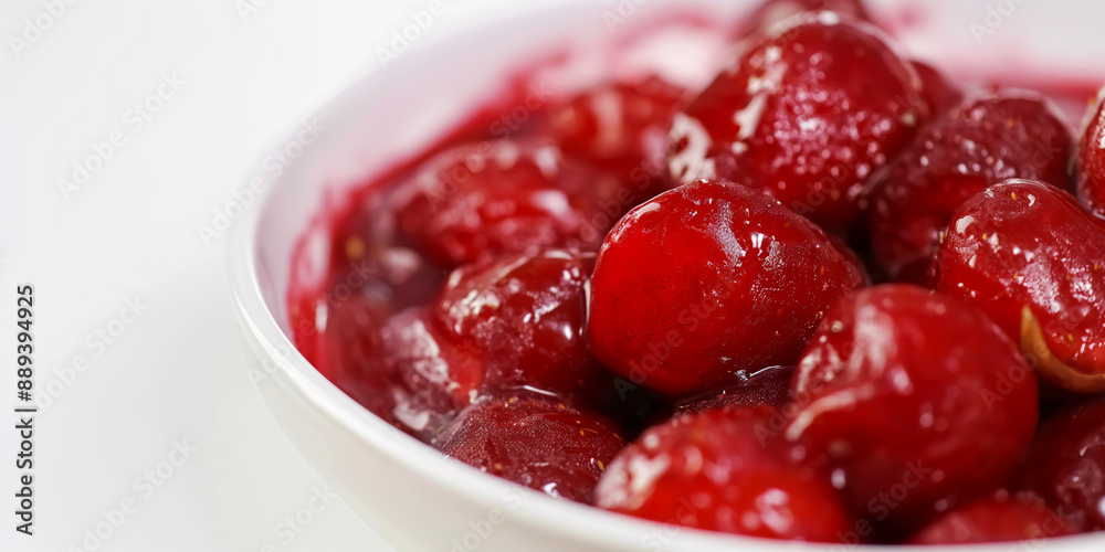 Close Up of Red Candied Cherries in White Bowl Sweet and Juicy Dessert Close Up of Red Candied Cherries in White Bowl Sweet and Juicy Dessert