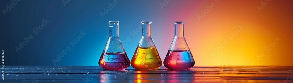 Chemical flasks with colored liquids minimal clean background bright studio lighting emphasizing the transparency and colors Chemical flasks with colored liquids minimal clean background bright studio lighting emphasizing the transparency and colors
