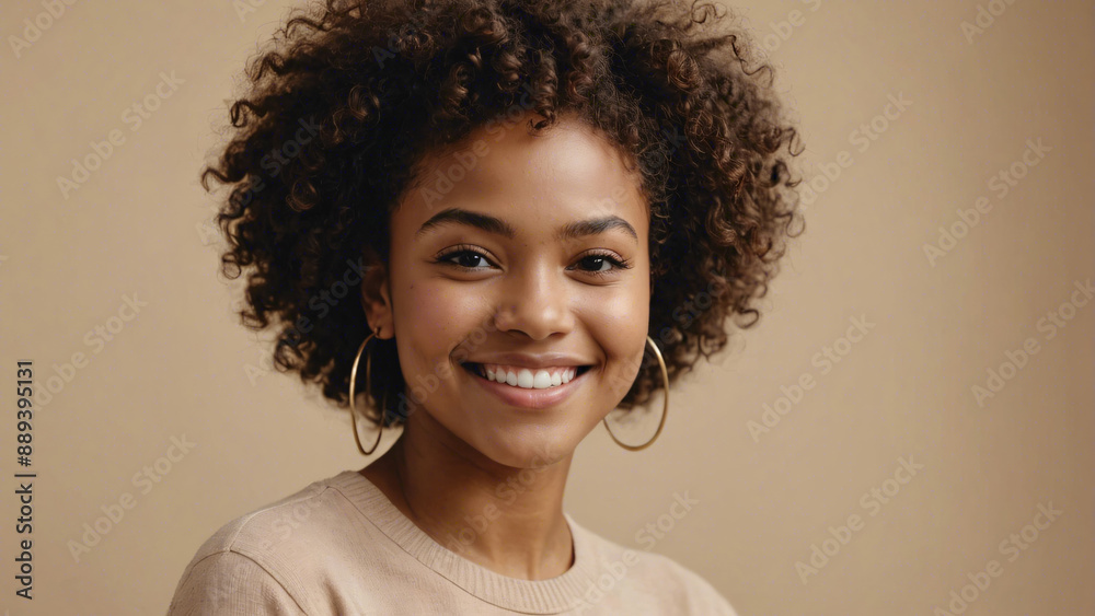 A lovely young woman with big curly hair and a captivating smile poses in a warm-toned portrait A lovely young woman with big curly hair and a captivating smile poses in a warm-toned portrait