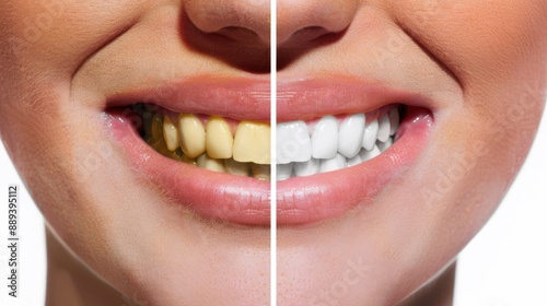 Split image showing before and after teeth whitening; yellow teeth on the left, white teeth on the right