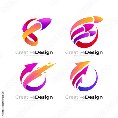 Rocket logo with 3d colorful design, transportation logos