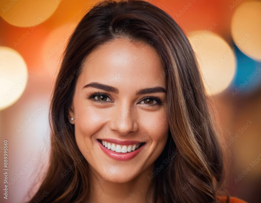 A stunning young woman with flowing brown hair and a radiant smile poses against a colorful, festive bokeh background, exuding happiness and warmth. A stunning young woman with flowing brown hair and a radiant smile poses against a colorful, festive bokeh background, exuding happiness and warmth.