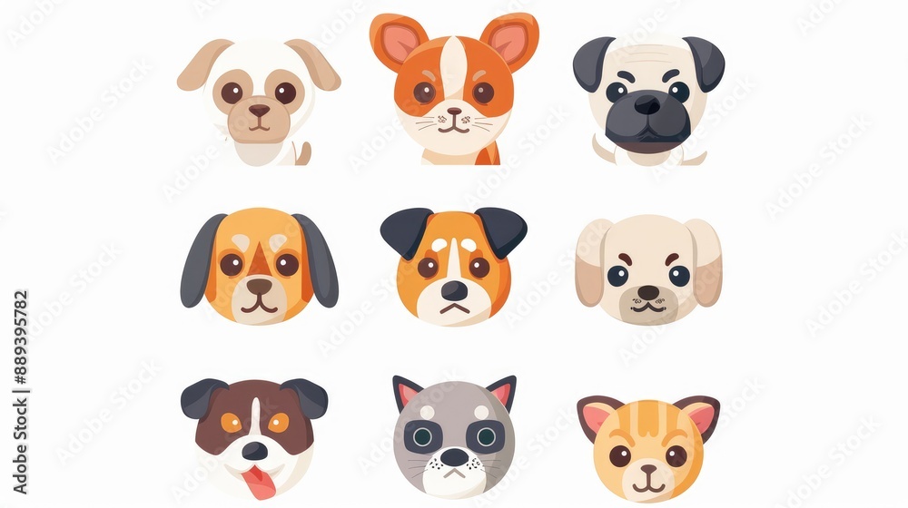 Symmetrical arrangement of 9 cartoon pet icons on a white background Symmetrical arrangement of 9 cartoon pet icons on a white background