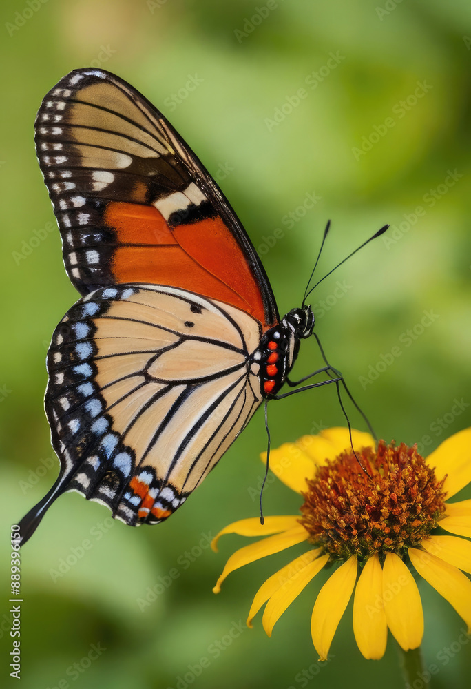 A stunning close-up of a beautiful butterfly, showcasing vibrant orange, black, and blue hues, perched gracefully on a blooming yellow flower, surrounded by lush greenery in natural light. A stunning close-up of a beautiful butterfly, showcasing vibrant orange, black, and blue hues, perched gracefully on a blooming yellow flower, surrounded by lush greenery in natural light.