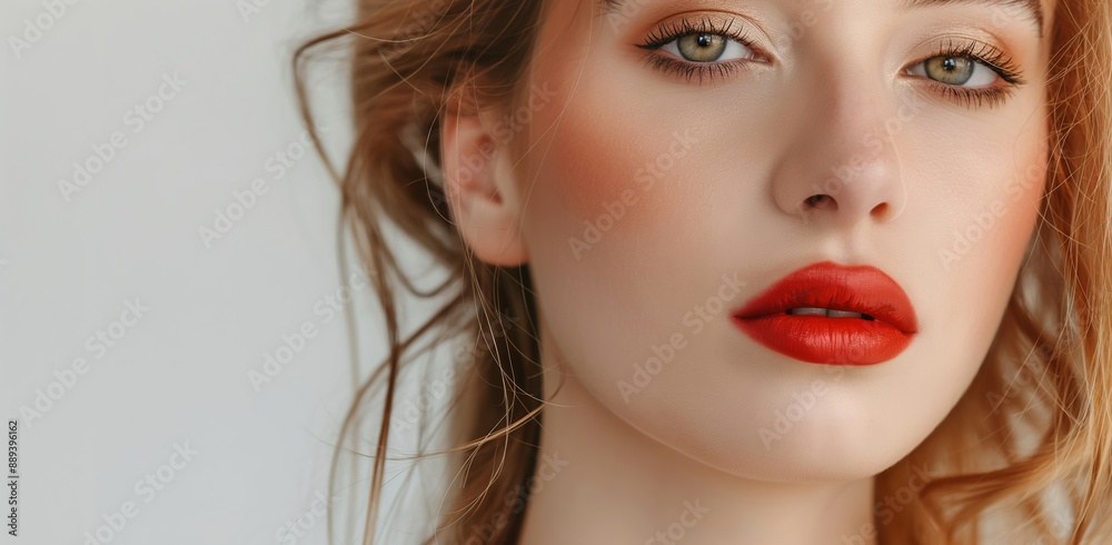 Close Up of Woman with Red Lips and Stylish Makeup Against Neutral Background