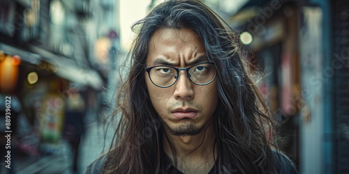 Asian man with long hair and glasses serious angry face portrait on city street