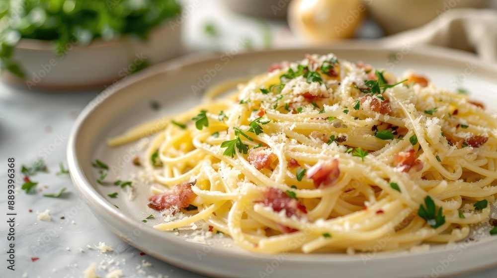 Close-up of a delicious spaghetti carbonara dish garnished with fresh parsley and grated cheese, served on a white plate. Close-up of a delicious spaghetti carbonara dish garnished with fresh parsley and grated cheese, served on a white plate.