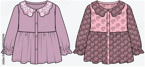 ELBOW LENGTH SLEEVES WOVEN TOP WITH CUT OUT FLORAL COLLAR DETAIL DESIGNED FOR TEEN GIRLS AND KID GIRLS IN VECTOR FILE