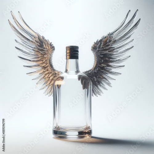 A fascinating glass bottle featuring silver wings, presenting an enchanting and imaginative artistic piece that merges functionality with fantasy, highlighting the beauty of creative craftsmanship. photo