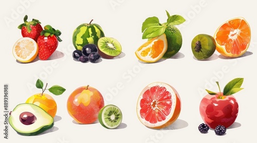 Symmetrical arrangement of 9 modern and stylized fruit painting icons on a white background