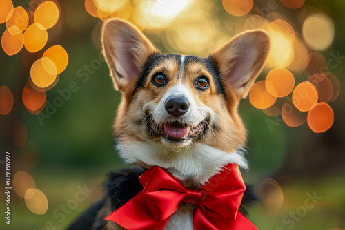 Adorable Corgi With Red Bow Tie Against Bokeh Lights in Outdoor Setting © smth.design