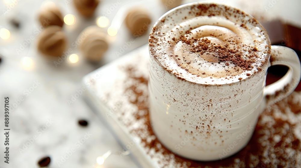 A close-up of a hot chocolate in a white mug, beautifully topped with frothy milk and cocoa powder, perfect for a cozy winter day. A close-up of a hot chocolate in a white mug, beautifully topped with frothy milk and cocoa powder, perfect for a cozy winter day.