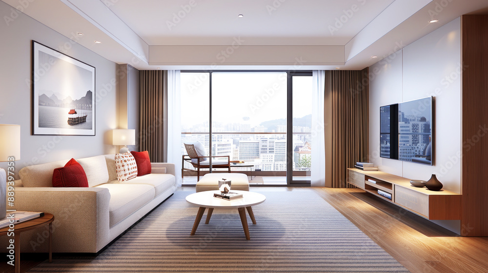 Fototapeta premium Comfortable hotel room with red interior ornament for elegant impression