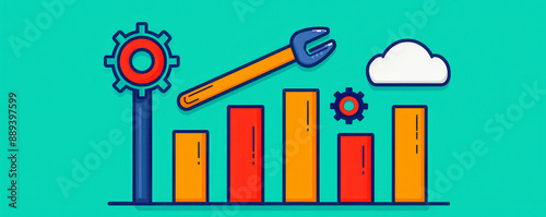 Colorful bar chart with gears, wrench, and cloud on turquoise background representing data analysis, growth, and cloud computing.