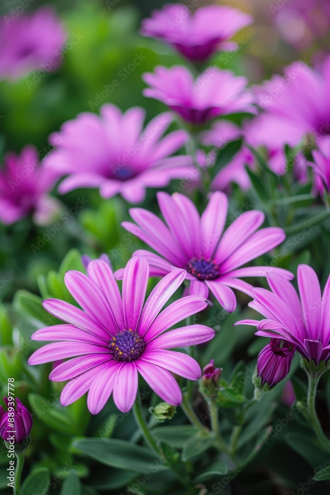 A bunch of purple flowers with green leaves. The flowers are in full bloom and are arranged in a way that they look like they are in a garden A bunch of purple flowers with green leaves. The flowers are in full bloom and are arranged in a way that they look like they are in a garden