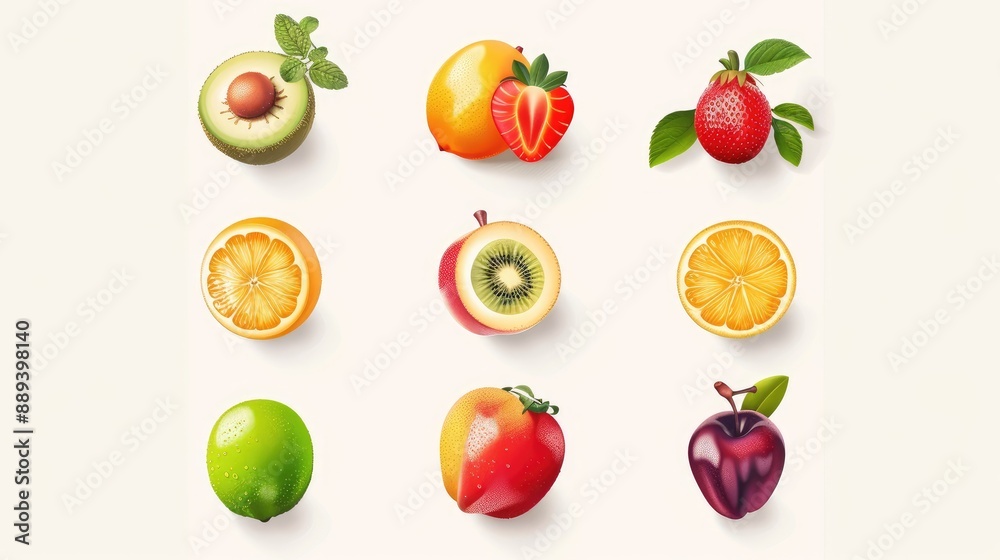 Symmetrical arrangement of 9 sleek fruit icons on a white background Symmetrical arrangement of 9 sleek fruit icons on a white background