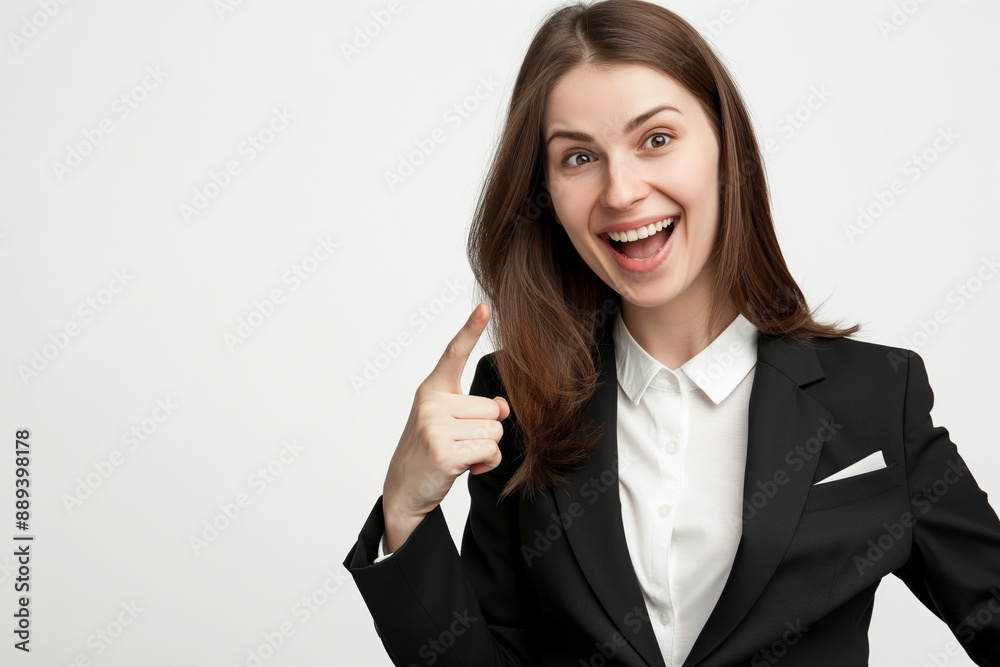 Professional Businesswoman Excitedly Pointing Up in a Black Suit on a White Background Professional Businesswoman Excitedly Pointing Up in a Black Suit on a White Background