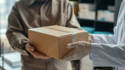 Wallpaper Mural A pharmacist in a white coat and gloves gives a box to a man. Concept for courier delivery of medical supplies. Torontodigital.ca