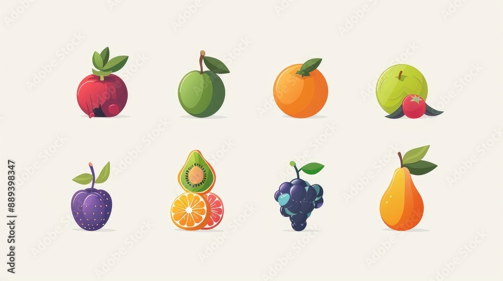 Symmetrical arrangement of 9 stylized cartoon fruit icons on a white background