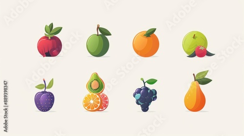 Symmetrical arrangement of 9 stylized cartoon fruit icons on a white background
