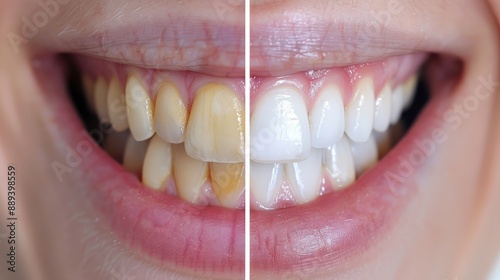 Teeth whitening results split image; left side shows yellow teeth, right side shows white teeth photo