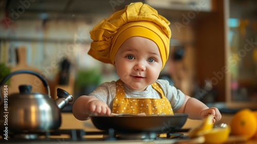 funny kid are preparing the food in the kitchen