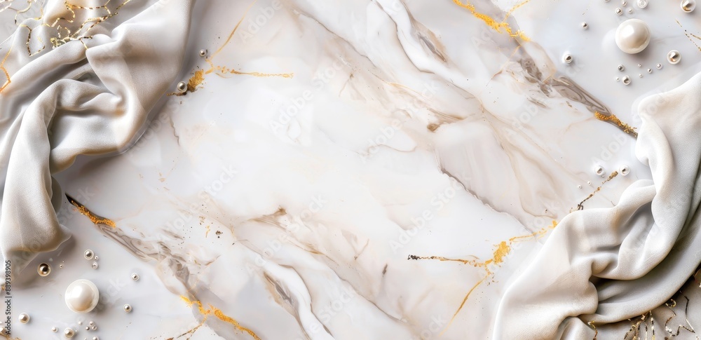a luxurious marble surface with gold leaf accents, a soft, ivory fabric drapes elegantly, framing a collection of lustrous pearls and delicate gold chains. a luxurious marble surface with gold leaf accents, a soft, ivory fabric drapes elegantly, framing a collection of lustrous pearls and delicate gold chains.