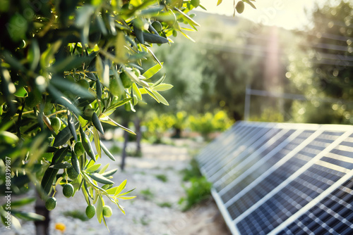 Sunlit Olive Tree Branches Near Solar Panels in a Sustainable Agricultural Field photo